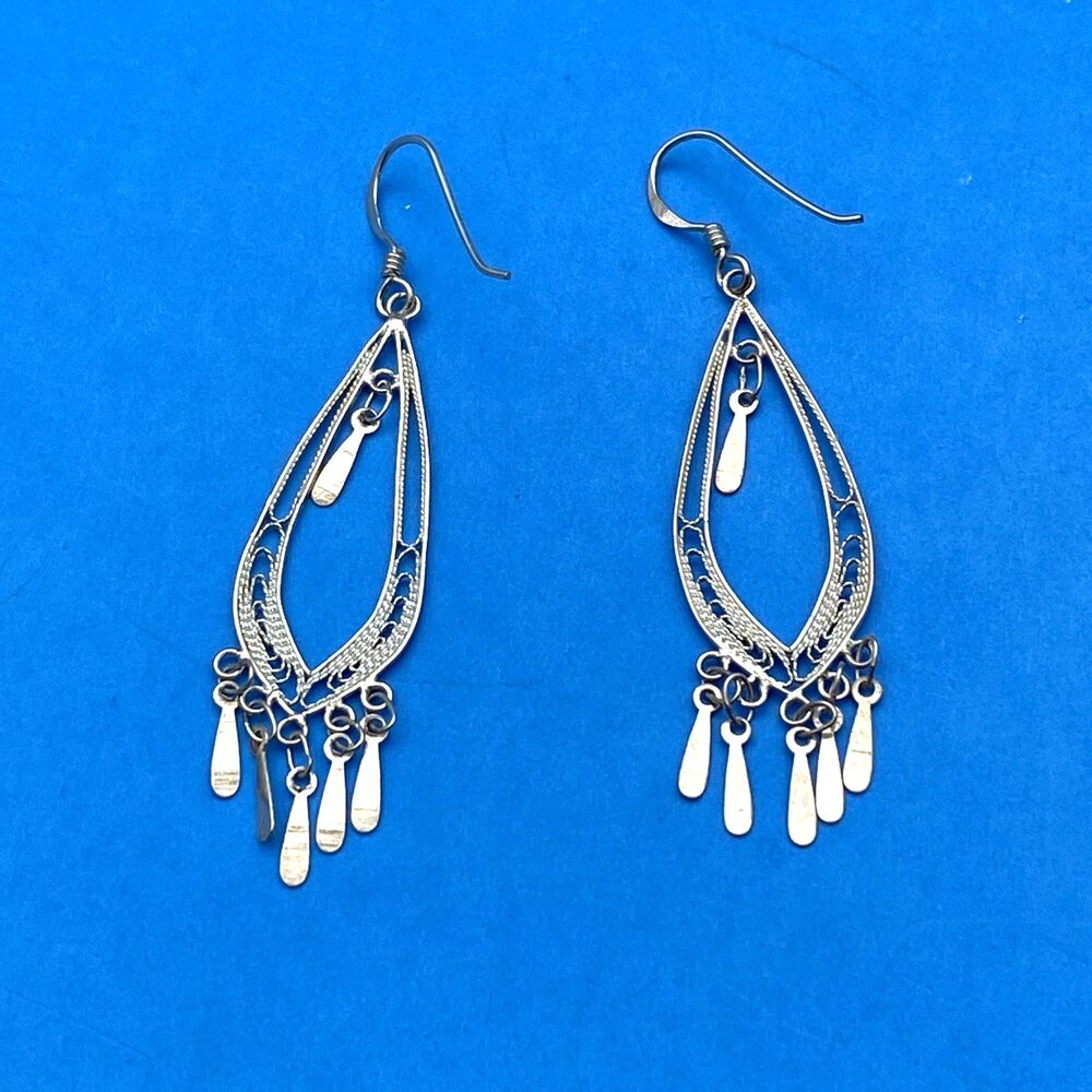 Vintage 925 Sterling Silver Filigree Teardrop Chandelier Fringe Earrings Dangles
